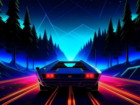 Retrowave Car Driving Through Neon Forest at Night
