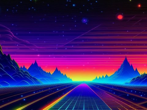 Retrowave Neon Landscape with Starry Sky