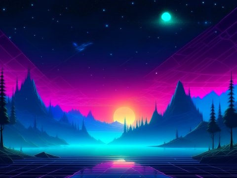 Retrowave Neon Sunset Over Futuristic Mountain Lake