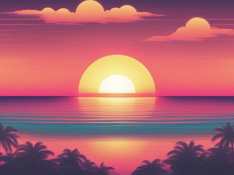 Retrowave Sunset Over Ocean with Palm Silhouettes