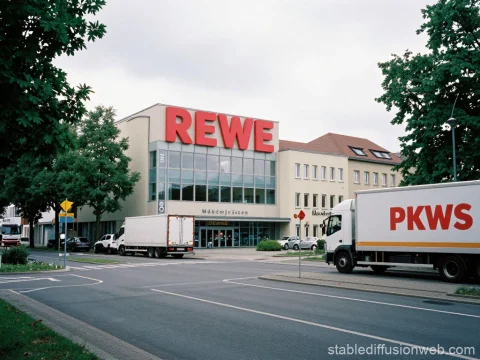 REWE Supermarket with Delivery Trucks on Urban Street