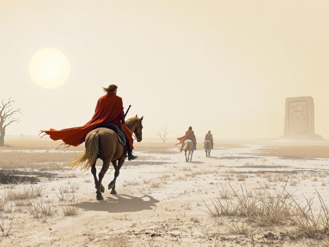 Riders Journeying Through a Misty Desert Landscape
