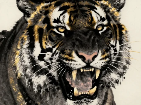 Roaring Black Tiger in Sumi-e Style