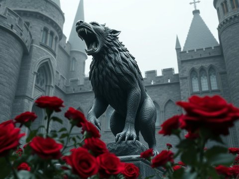 Roaring Wolf Statue in Castle Courtyard with Red Roses