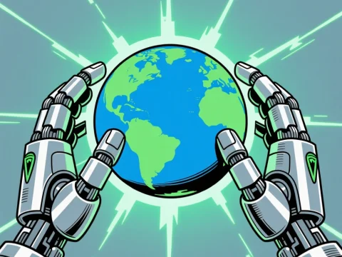 Robot Hands Holding Earth with Radiant Energy
