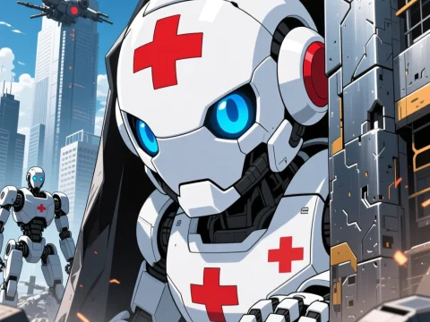 Robot Medic in Futuristic Warzone