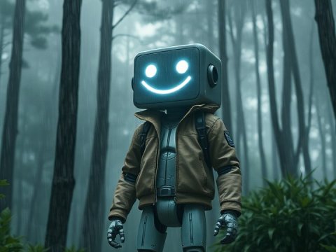 Robot with Smiling Screen Head in Misty Forest