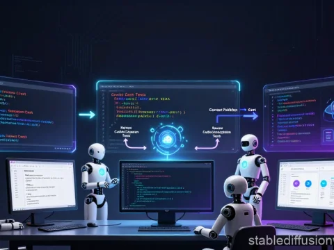 Robotic AI Coding Assistants Collaborating in Futuristic Workspace