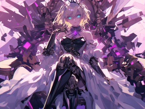 Robotic Android Girl with Glowing Blue Eyes on Futuristic Throne