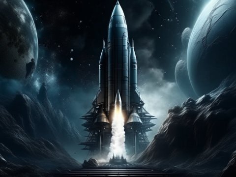 Rocket Launch Amidst Alien Planets in Deep Space