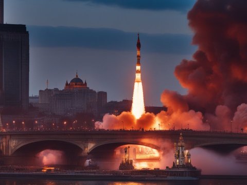 Rocket Launch Over Moscow Skyline at Dusk