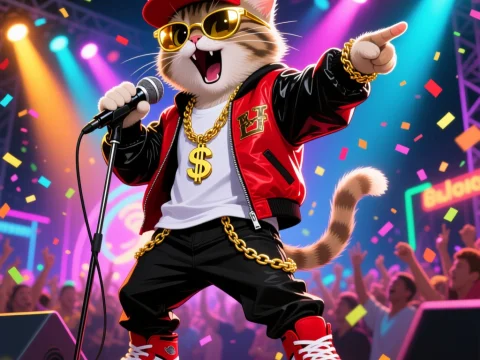 Rockstar Cat Rapper Performing on Stage