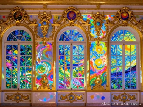 Rococo Palace Wall with Vibrant Stained Glass Windows