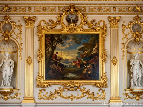 Rococo Wall Elevation with Gilded Frame and Classical Statues
