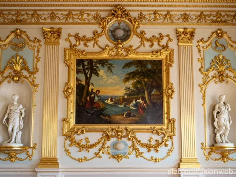 Rococo Wall Elevation with Gilded Ornamentation and Classical Statues