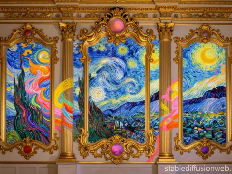 Rococo Wall Panels with Impressionist Starry Night Art