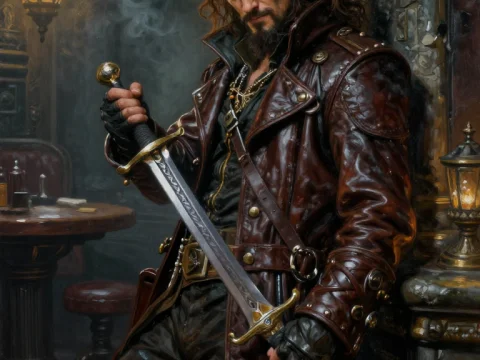 Rogue Pirate Trader with Sword in Dimly Lit Tavern