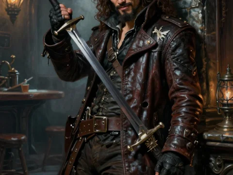Rogue Pirate Trader with Sword in Dimly Lit Tavern