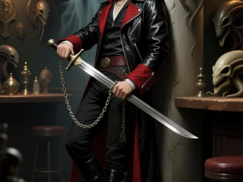 Rogue Trader in Gothic Tavern with Sword and Ghost