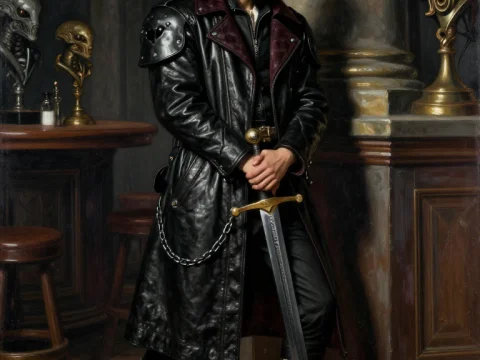 Rogue Trader in Leather Coat Holding Sword