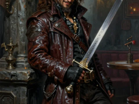 Rogue Trader with Sword in Dimly Lit Tavern