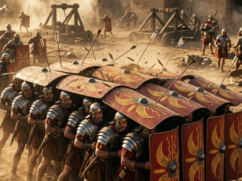 Roman Soldiers in Testudo Formation Under Arrow Barrage