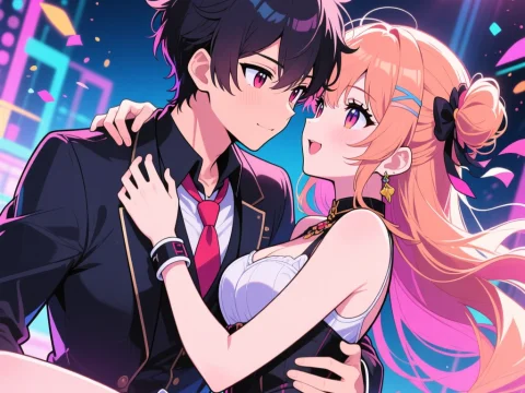 Romantic Anime Couple Embracing in Neon City