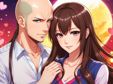 Romantic Anime Couple Under Full Moon