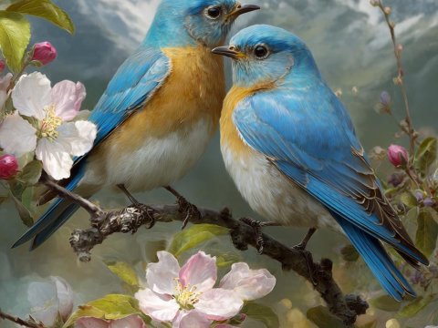 Romantic Bluebirds in Blooming Springtime Landscape