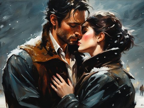 Romantic Couple Embracing in Snowy Winter Night