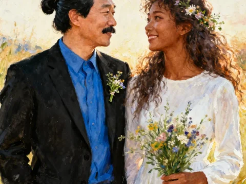 Romantic Couple in Wedding Attire with Wildflower Bouquet