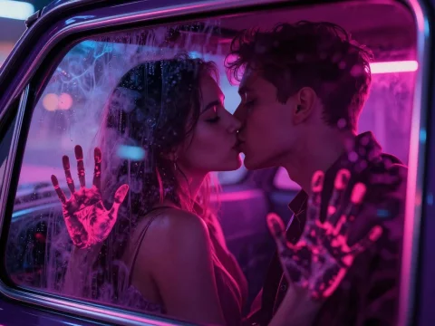 Romantic Couple Kissing Behind Neon-Lit Car Window