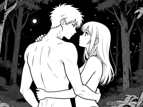 Romantic Embrace of Young Couple in Moonlit Forest