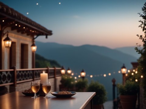 Romantic Evening on a Mountain Terrace with Candlelight