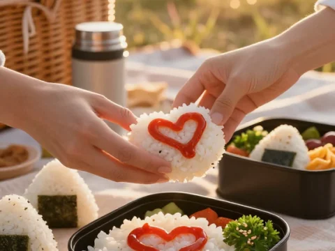 Romantic Golden Hour Bento Picnic with Heart-Shaped Rice