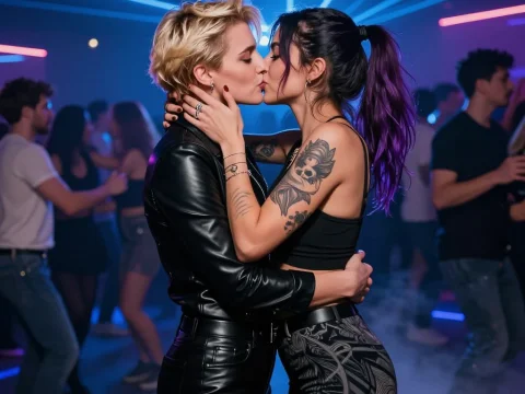 Romantic Kiss in Neon-Lit Club