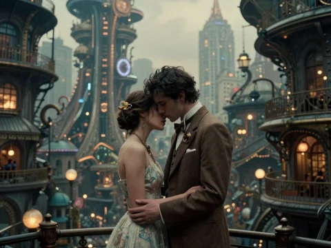 Romantic Moment in a Futuristic Steampunk City