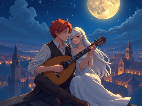 Romantic Night with Guitar Under the Full Moon