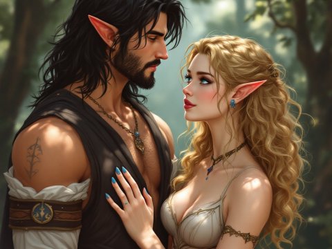 Romantic Queldorei Elf Couple in Enchanted Forest
