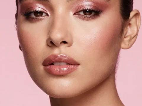 Rose Gold Glamour Portrait of Woman with Glossy Makeup