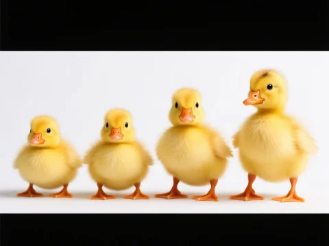 Row of Four Adorable Yellow Ducklings