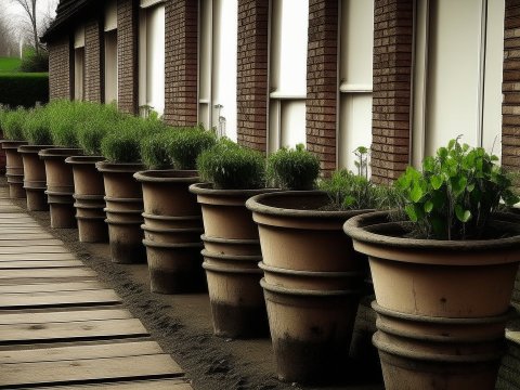 Row of Large Planters with Green Plants Along Brick Building