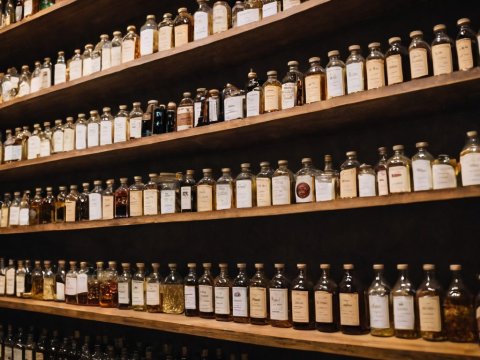 Rows of Vintage Apothecary Bottles on Wooden Shelves