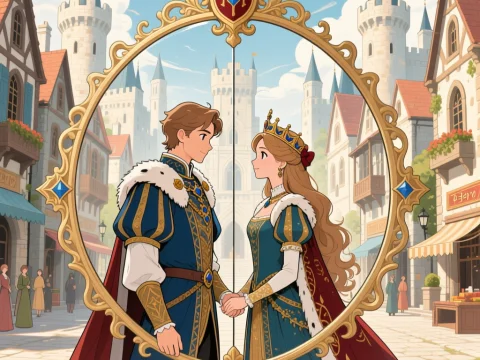 Royal Couple Holding Hands in a Medieval Castle Town