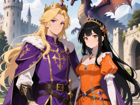 Royal Couple with Dragon in Anime Fantasy Setting