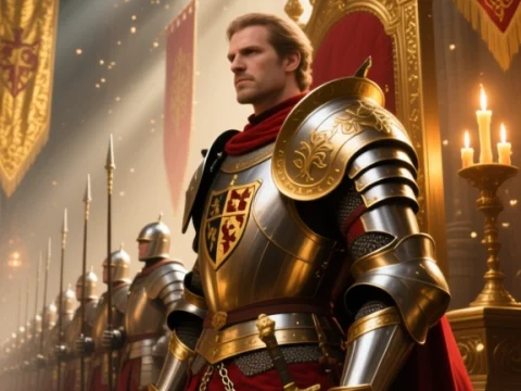 Royal Knight Guarding the Throne in a Grand Hall