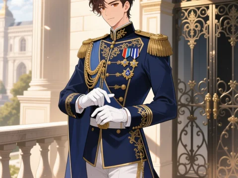 Royal Prince in Elegant Military Uniform on Balcony
