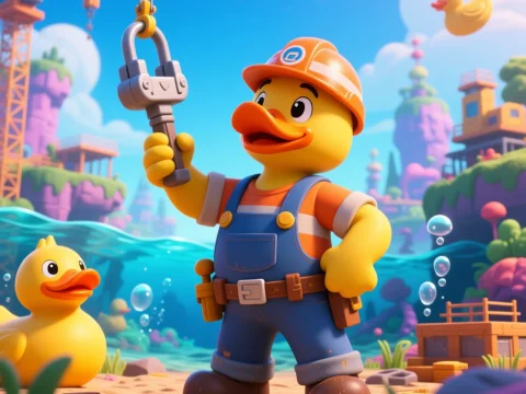 Rubber Duck Construction Worker in Vibrant Fantasy Landscape