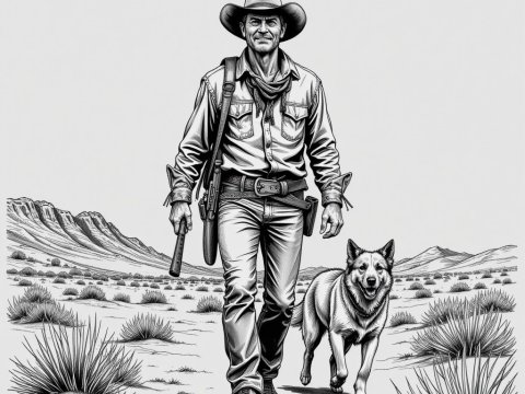 Rugged Cowboy Walking with Dog in Desert Landscape