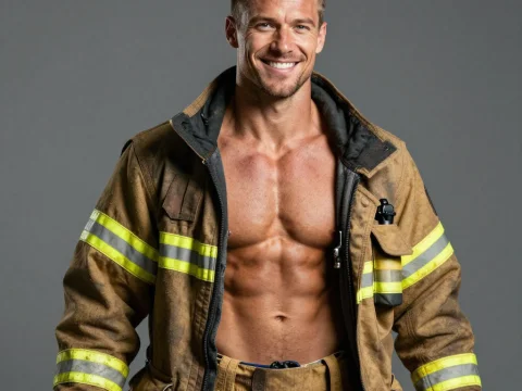Rugged Firefighter Smiling with Open Jacket